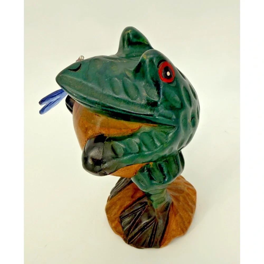 Hand Carved Wooden Frog Figurine Holding‎ Dragonfly Rustic Folk Art Decor